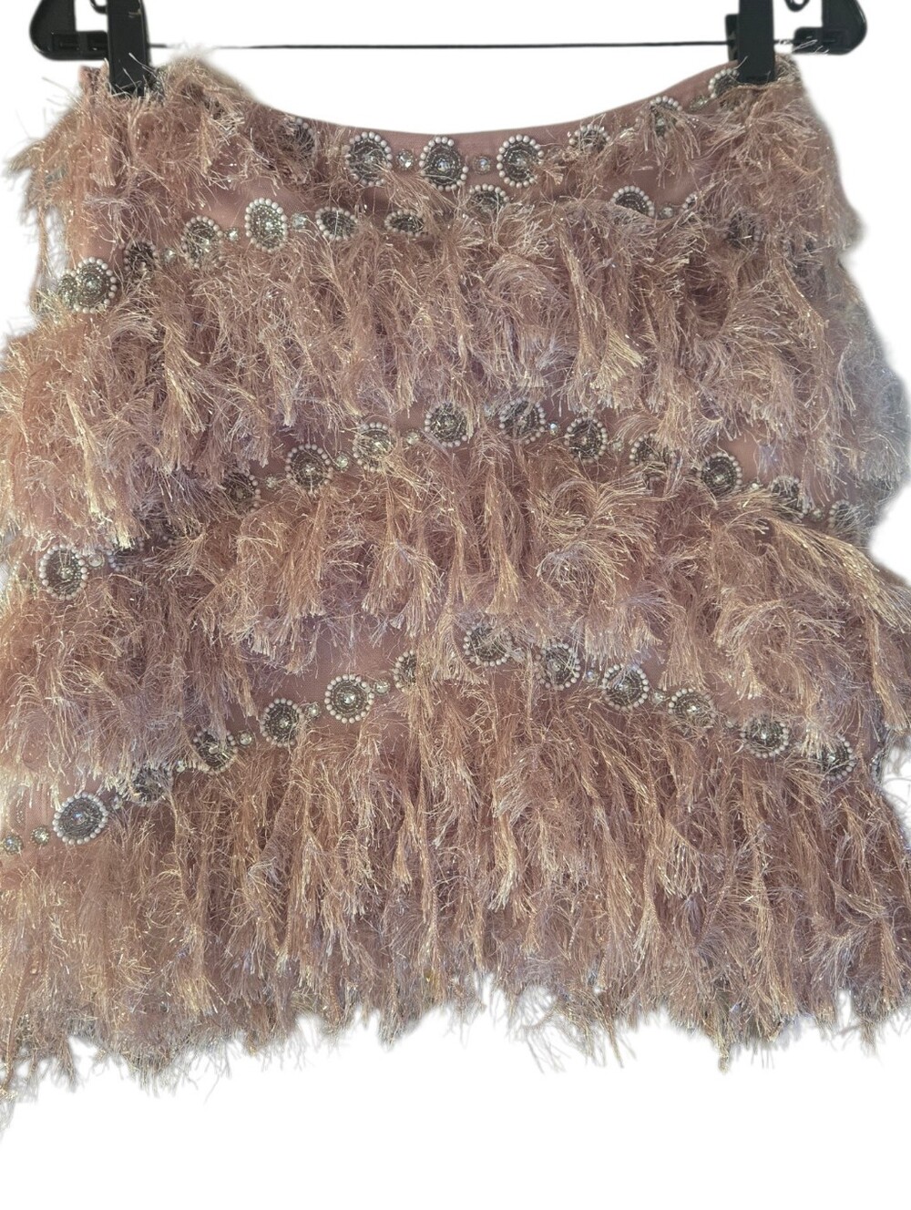 Embellished Feather-Tier Mini Skirt in Blush